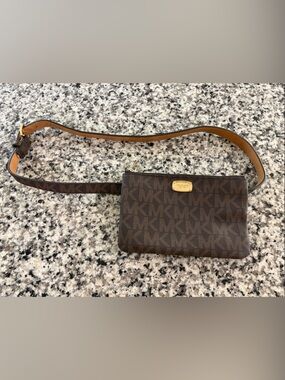 Michael Kors Dark Brown Monogram Crossbody with Gold Plaque